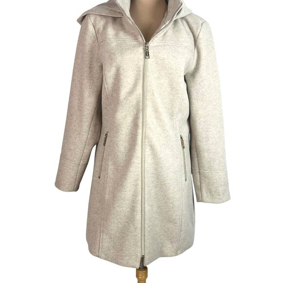 Vince Camuto Hooded Oatmeal Coat Size M Washable Gold Zip Front Old Money - Picture 2 of 10